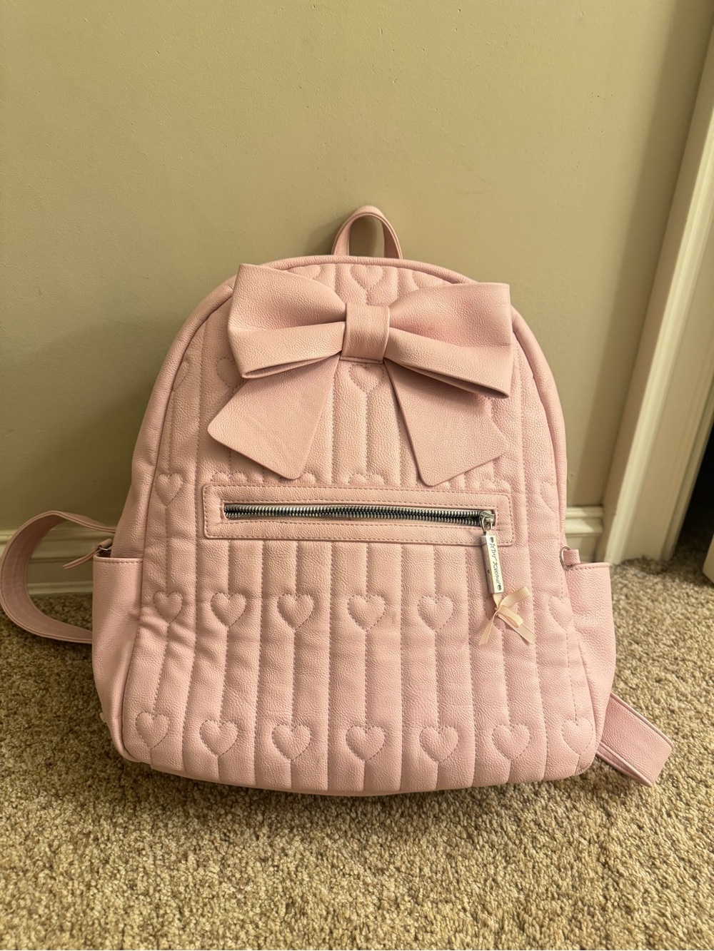 Betsey Johnson Pink Quilted Bow Backpack - Cute Heart Pattern Bag